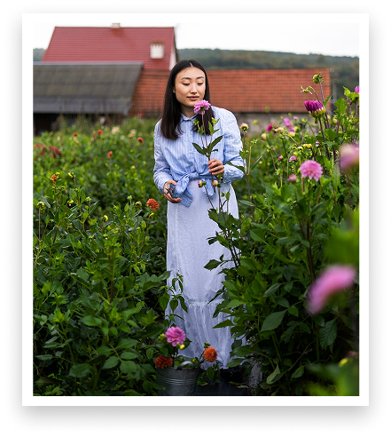 women standing in a vibrant flower garden, holding a pink flower.