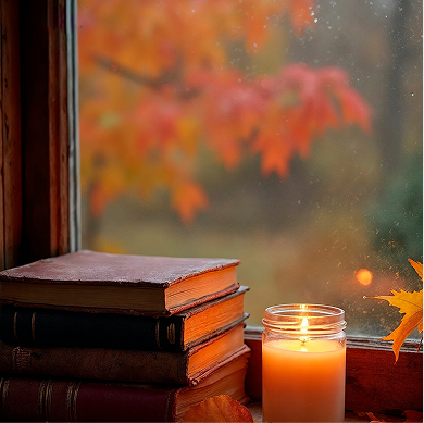 A stack of books and a lit candle sitting on a windowsill next to autumn leaves, accompanying an "Education & Credentials" section of a webpage.